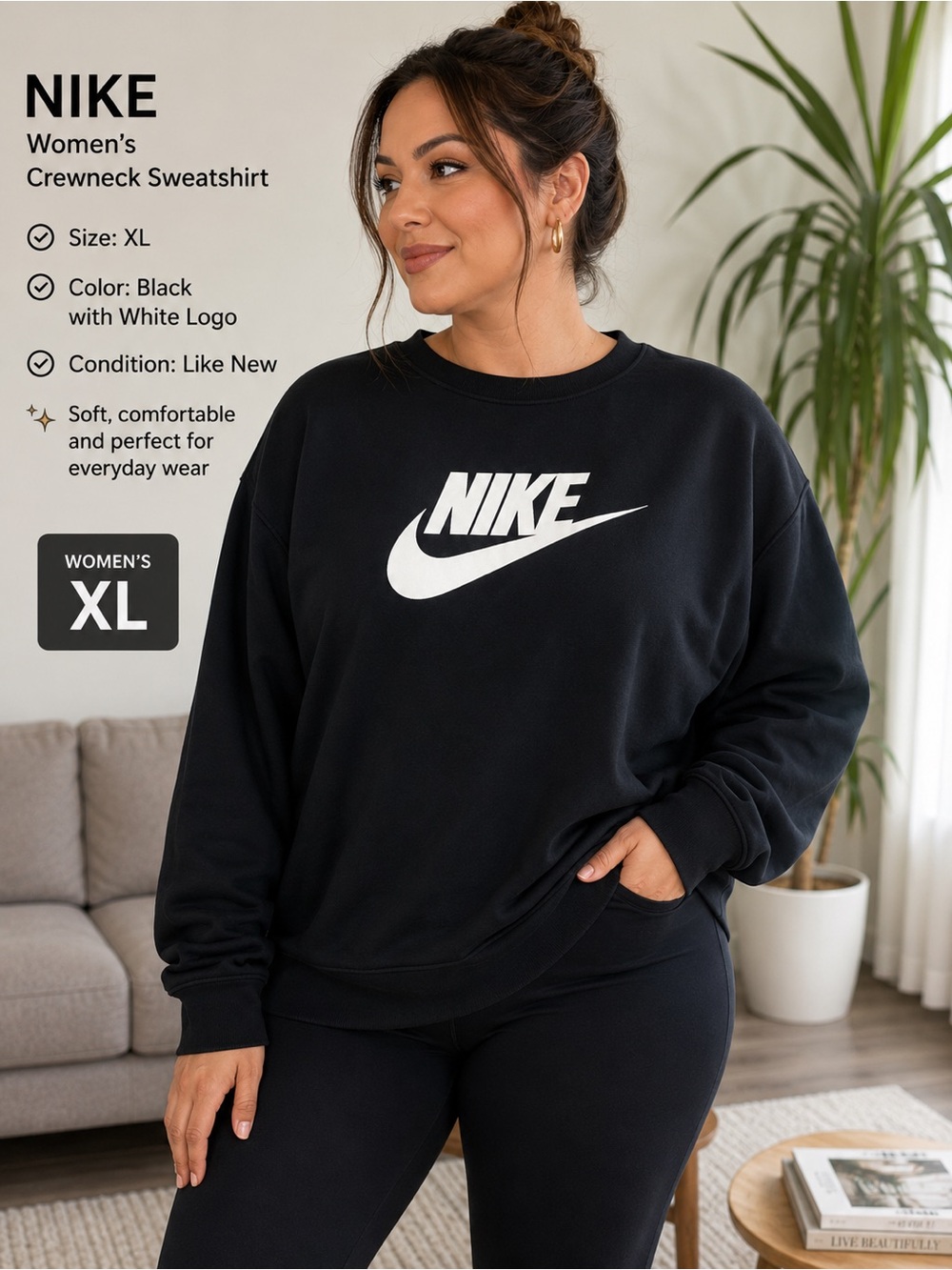 Nike Women's Black crewneck with White Swoosh Logo